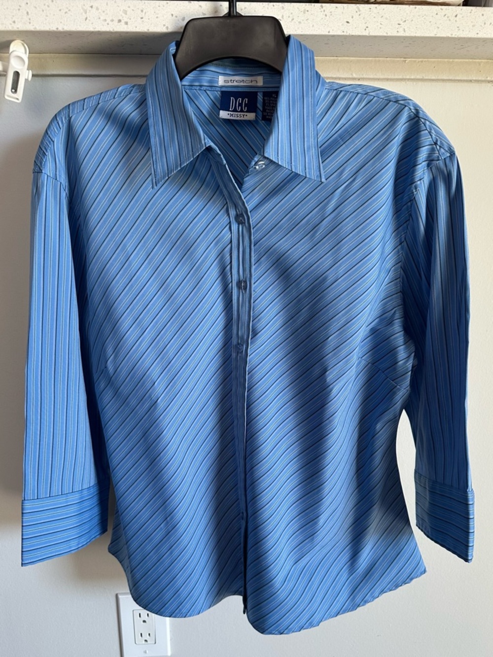DCC Missy Light Blue Diagonal Stripe Dress Shirt 3/4 Sleeves